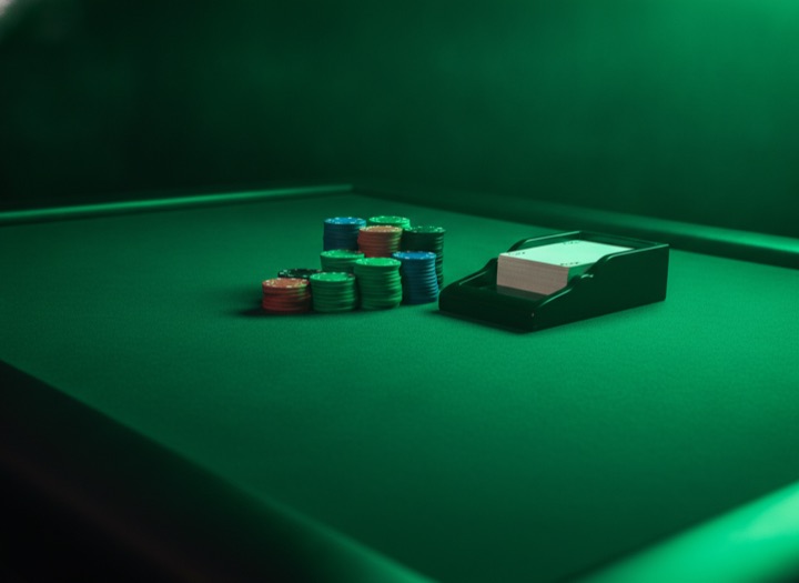 A live table laid out with chips and a card shoe