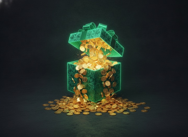 An open prize box spilling gold coins